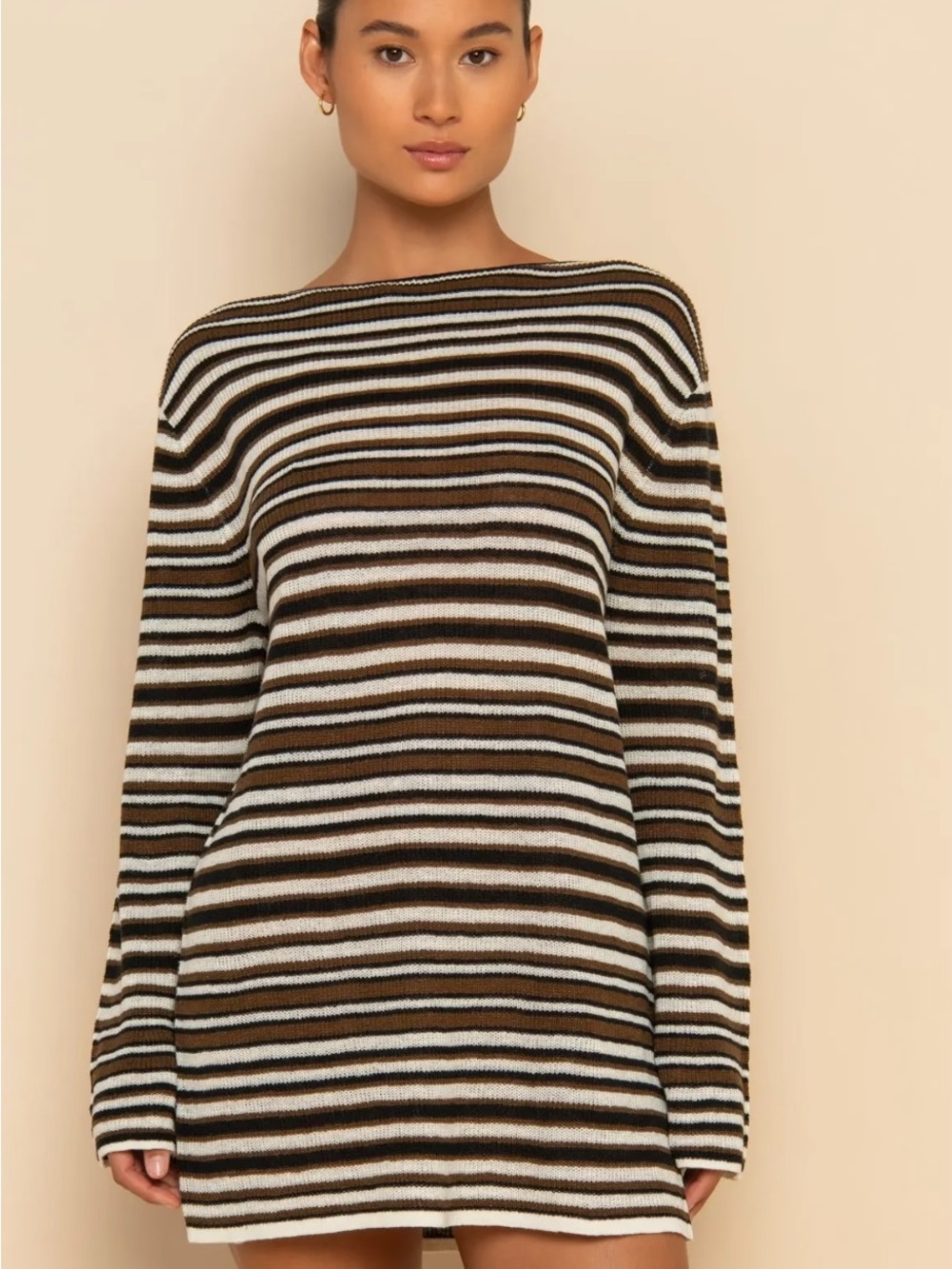 Striped Knit Swim Coverup in Brown and White